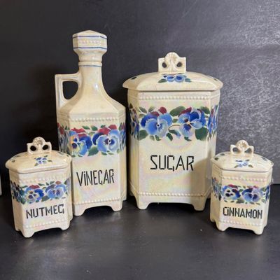 LOT 46: Vintage Cornet Czechoslovakian Ceramic Lusterware Canister, Spice Jars and Vinegar Decanter