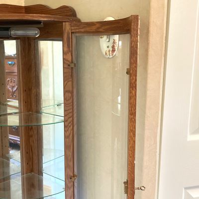 LOT 67: Small Wooden Glass Corner Curio Cabinet with Key