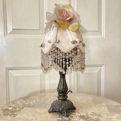 LOT 66: Wood Accent Table with Faux Marble Top, Cut Glass Pedestal Lidded Candy Dish and Decorative Lamp