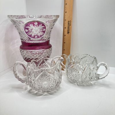 LOT 105: Crystal / Cut Glass - Ruby / Clear Vase, Salt Cellars, Creamer / Sugar Bowls and Large Pitcher