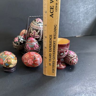 LOT 49: Ukrainian Style Fork Art Wood Eggs, Plate and Scarf and Signed Wooden Bowl