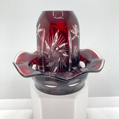 LOT 101: Beautiful Collection of Ruby / Red Cut to Clear Glass Fairy Light and Vase with Six Indiana Glass Lexington Ruby Stained Footed Cup