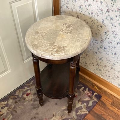 LOT 66: Wood Accent Table with Faux Marble Top, Cut Glass Pedestal Lidded Candy Dish and Decorative Lamp