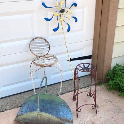 LOT 88: Garden / Outdoor Collection - Plant Holders, Spinner and Wood Holder