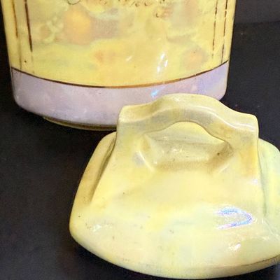 LOT 190: Vintage Czechoslovakian Lusterware Canister, Spice Jars and Decanters