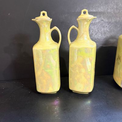 LOT 190: Vintage Czechoslovakian Lusterware Canister, Spice Jars and Decanters