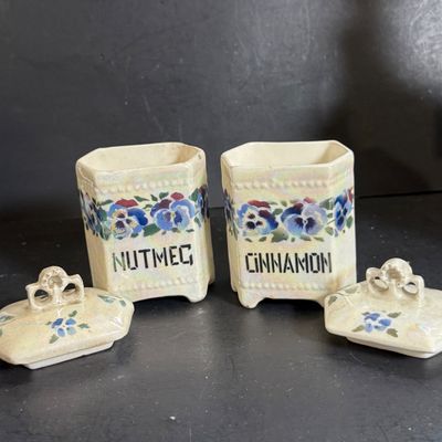 LOT 46: Vintage Cornet Czechoslovakian Ceramic Lusterware Canister, Spice Jars and Vinegar Decanter