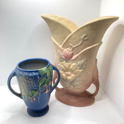 LOT 72: Classic Vintage Art Vases - Hull USA Magnolia 9 - 10 1/2 and Roseville Fuchsia Pattern in Blue