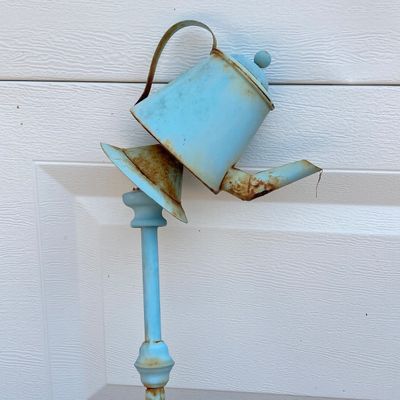 LOT 90: Vintage Garden Decor - Metal / Iron Leaf Shaped with Hummingbird Feeder and Tea Pot Garden Stake
