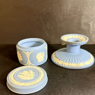 LOT 48: Wedgwood Blue Jasperware Creamer, Sugar Bowl, Trinket Box and Candle Holder