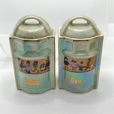 LOT 106: Sweet Vintage Collection of Lustreware Ceramic Germany Miniature Vinegar / Oil and Spice Jars