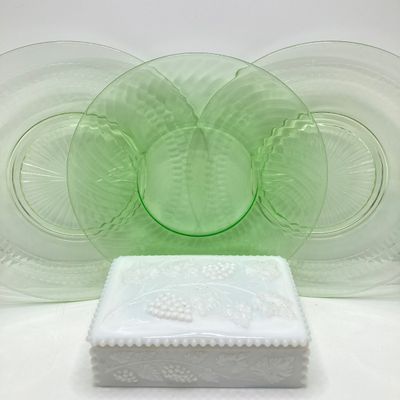 LOT 100: Three Uranium Glass Plates with Westmoreland Rectangular Milk Glass Lidded Box