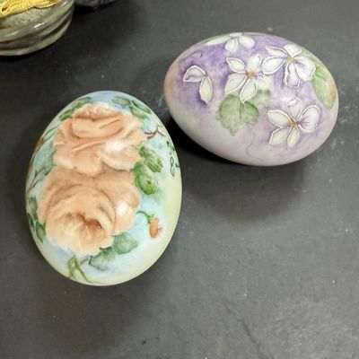 LOT 50: Collection of Hand-painted Egg Shells and Ceramic Eggs and Egg Dish