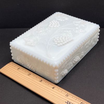 LOT 100: Three Uranium Glass Plates with Westmoreland Rectangular Milk Glass Lidded Box
