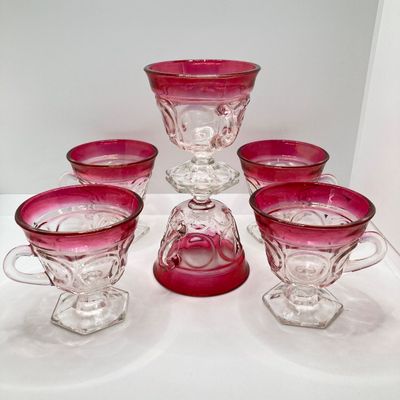 LOT 101: Beautiful Collection of Ruby / Red Cut to Clear Glass Fairy Light and Vase with Six Indiana Glass Lexington Ruby Stained Footed Cup