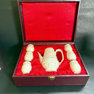 LOT 117: Asian Pearlescent Luster Glaze Tea Set in Felt Lined Wooden Box