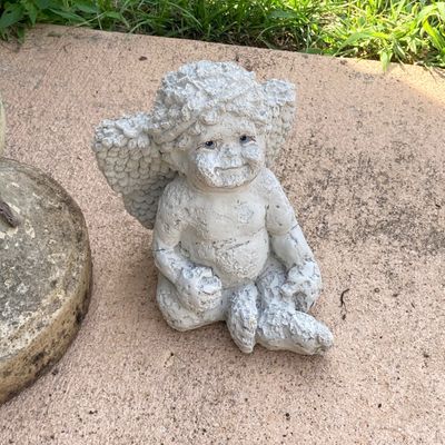 LOT 74: Concrete / Ceramic Outdoor Decor - Two Piece Pedestal / Base, Planter, Cherub and Gazing Young Boy Statues
