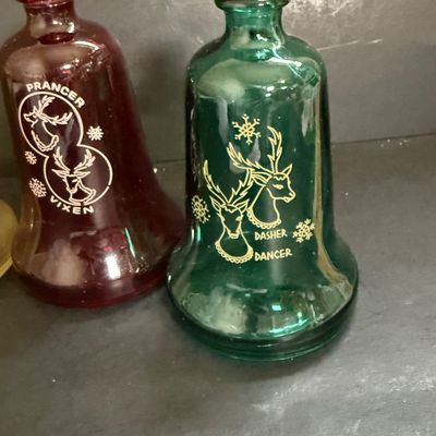 LOT 115: Vintage Wheaton Glass Christmas Bell Bottles and Framed Vintage Christmas Card