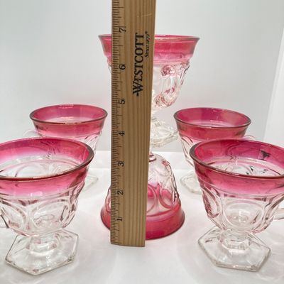 LOT 101: Beautiful Collection of Ruby / Red Cut to Clear Glass Fairy Light and Vase with Six Indiana Glass Lexington Ruby Stained Footed Cup