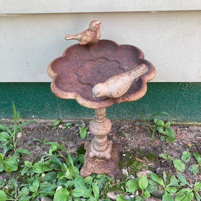 LOT 87: Cast Iron / Metal Garden Decor - Welcome Stake, Bird Feeder and Bell