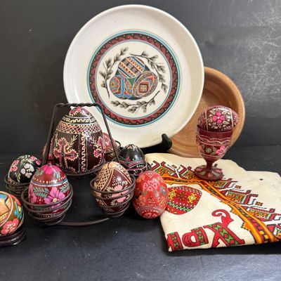 LOT 49: Ukrainian Style Fork Art Wood Eggs, Plate and Scarf and Signed Wooden Bowl