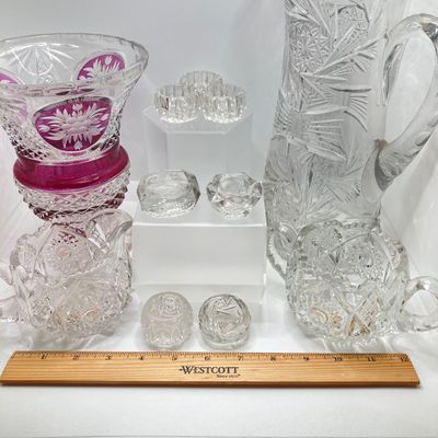 LOT 105: Crystal / Cut Glass - Ruby / Clear Vase, Salt Cellars, Creamer / Sugar Bowls and Large Pitcher