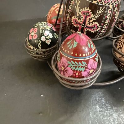 LOT 49: Ukrainian Style Fork Art Wood Eggs, Plate and Scarf and Signed Wooden Bowl