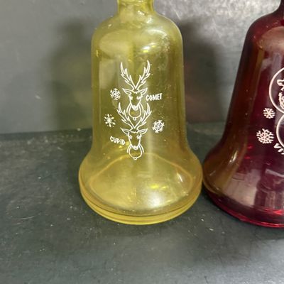 LOT 115: Vintage Wheaton Glass Christmas Bell Bottles and Framed Vintage Christmas Card