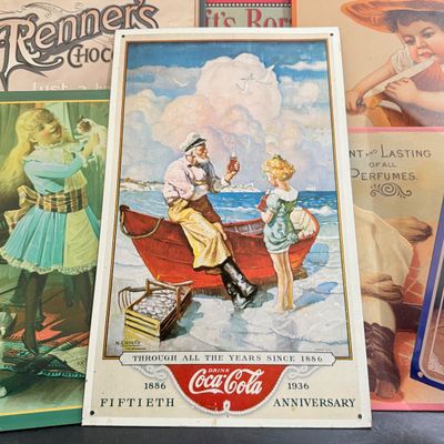 LOT 130: Vintage Advertisement Replicas on Tin and Wood