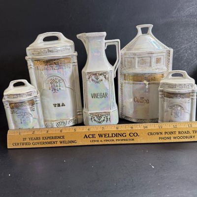 LOT 47: Vintage German Ceramic Lusterware Canisters, Spice Jars and Salt Box