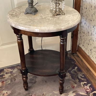 LOT 66: Wood Accent Table with Faux Marble Top, Cut Glass Pedestal Lidded Candy Dish and Decorative Lamp