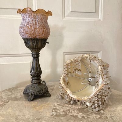 LOT 66: Wood Accent Table with Faux Marble Top, Cut Glass Pedestal Lidded Candy Dish and Decorative Lamp