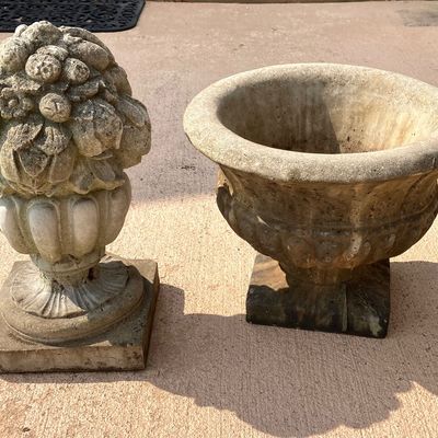 LOT 78: Concrete Garden Decor - Planter and Floral Statue