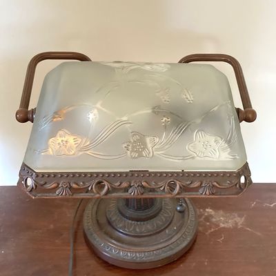LOT 70: Vintage Banker's Desk Lamp with Frosted / Etched Floral Shade