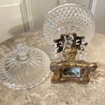 LOT 66: Wood Accent Table with Faux Marble Top, Cut Glass Pedestal Lidded Candy Dish and Decorative Lamp