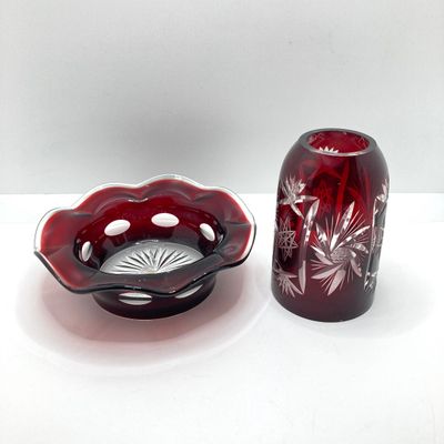 LOT 101: Beautiful Collection of Ruby / Red Cut to Clear Glass Fairy Light and Vase with Six Indiana Glass Lexington Ruby Stained Footed Cup