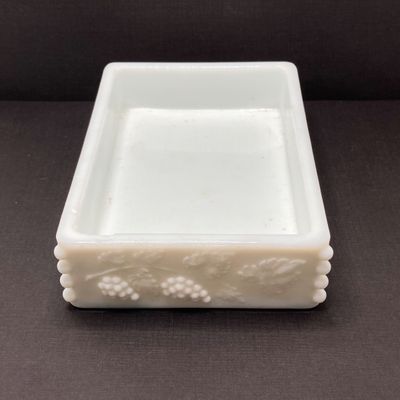 LOT 100: Three Uranium Glass Plates with Westmoreland Rectangular Milk Glass Lidded Box