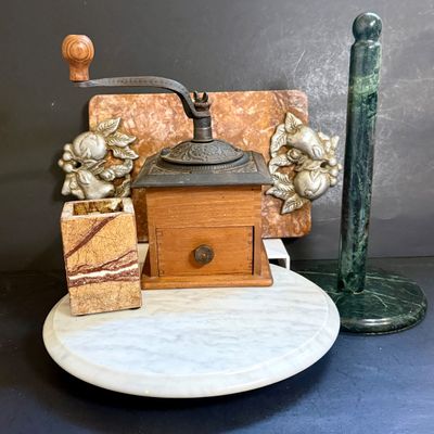 LOT 134: Marble Cutting Board, Lazy Susan, Paper Towel Holder, Pencil Holder and Vintage Coffee Mill