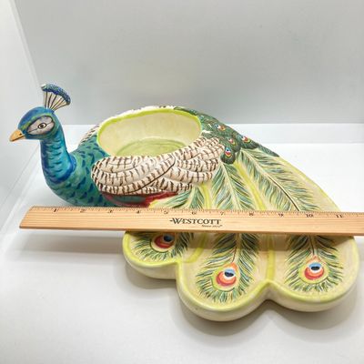LOT 102: The Peacock Collection - Assorted Peacock Decor (Tracy Porter Serving Plate, Napkin Holder, Coalport Tea Cup / Saucer) and More