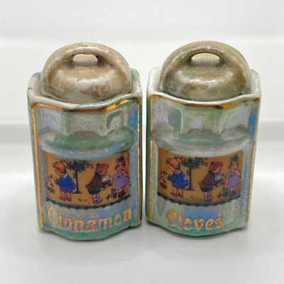 LOT 107: Vintage Collection of Lustreware Ceramic Germany Miniature Canister and Spice Jars