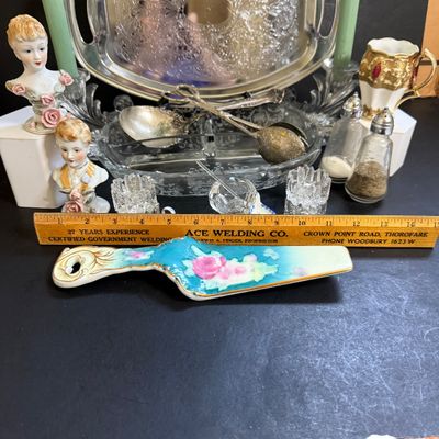 LOT 135: Etched Glass Serving Dish and Candle Holders, Victorian Bust Shakers, Metal Tray, Salt Dishes and More