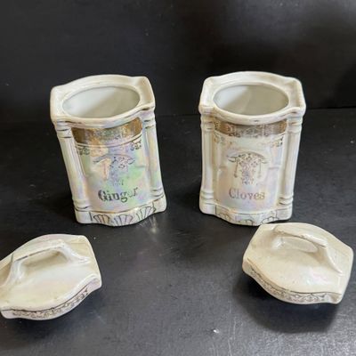 LOT 47: Vintage German Ceramic Lusterware Canisters, Spice Jars and Salt Box