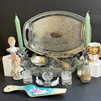 LOT 135: Etched Glass Serving Dish and Candle Holders, Victorian Bust Shakers, Metal Tray, Salt Dishes and More