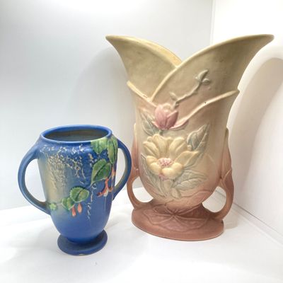 LOT 72: Classic Vintage Art Vases - Hull USA Magnolia 9 - 10 1/2 and Roseville Fuchsia Pattern in Blue