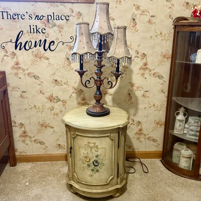 LOT 32: Hand-Painted Round Cabinet/Side Table with Lamp