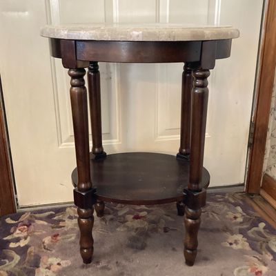 LOT 66: Wood Accent Table with Faux Marble Top, Cut Glass Pedestal Lidded Candy Dish and Decorative Lamp