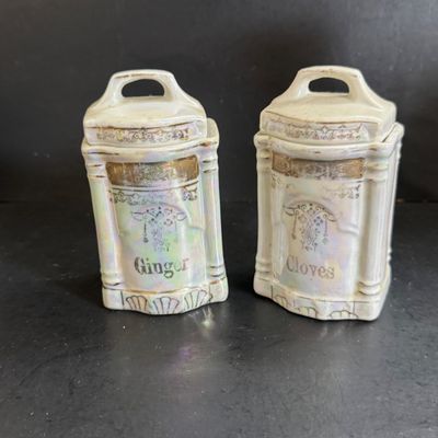 LOT 47: Vintage German Ceramic Lusterware Canisters, Spice Jars and Salt Box