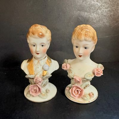 LOT 135: Etched Glass Serving Dish and Candle Holders, Victorian Bust Shakers, Metal Tray, Salt Dishes and More
