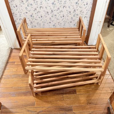 LOT 119: Set of 4 Stackable Cedar Shoe Racks and a Group of Cloth Hanger