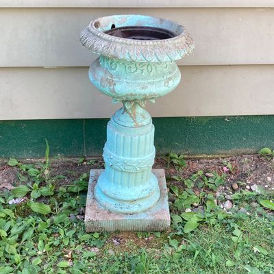 LOT 86: Outdoor / Garden Decor - Pedestal Planter / Glass Ball, Distressed Pedestal, Planter and More